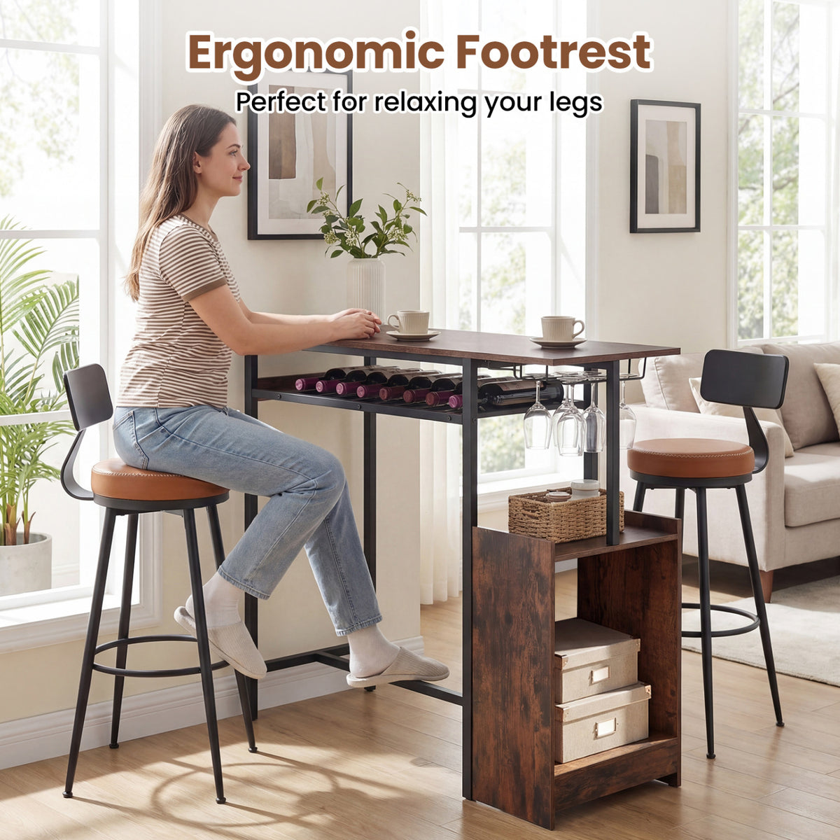 Rectangular Bar Table with Charging Station and RGB LED Light - Rustic Brown