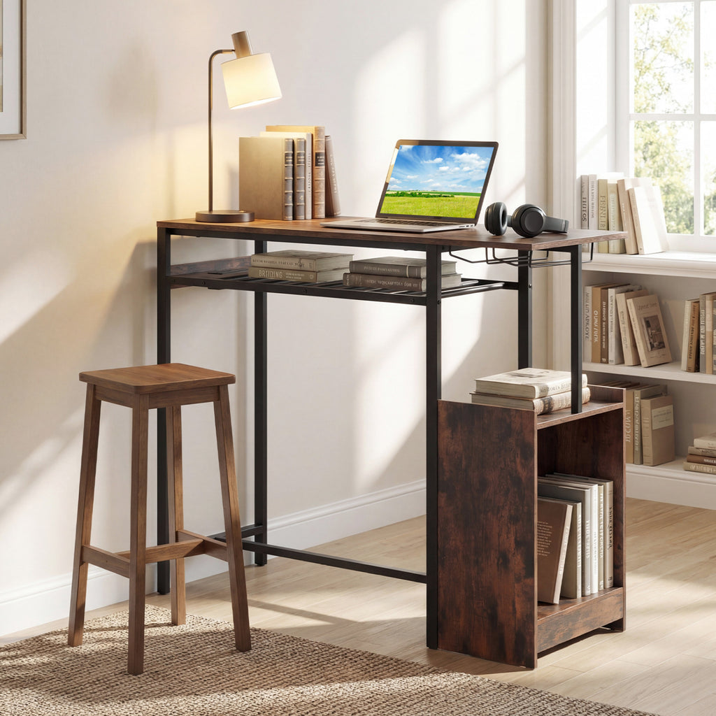Rectangular Bar Table with Charging Station and RGB LED Light - Rustic Brown