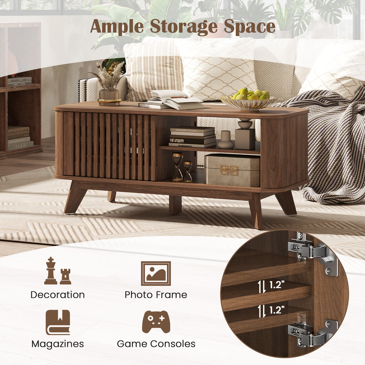 Walnut Coffee Table with Storage and Adjustable Shelves
