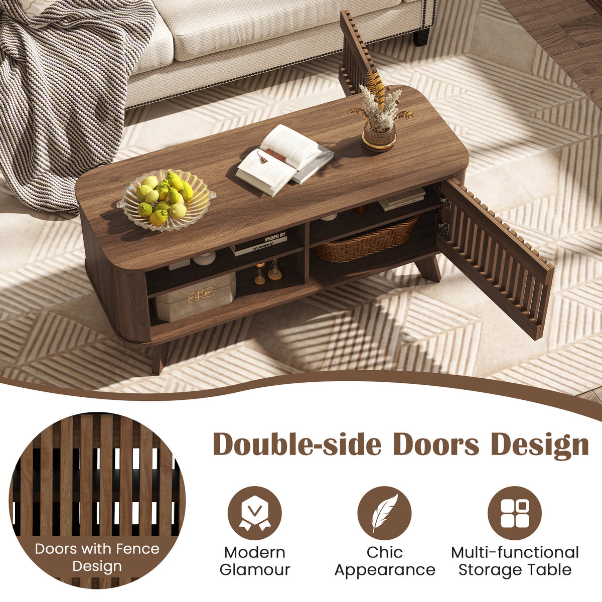 Walnut Coffee Table with Storage and Adjustable Shelves