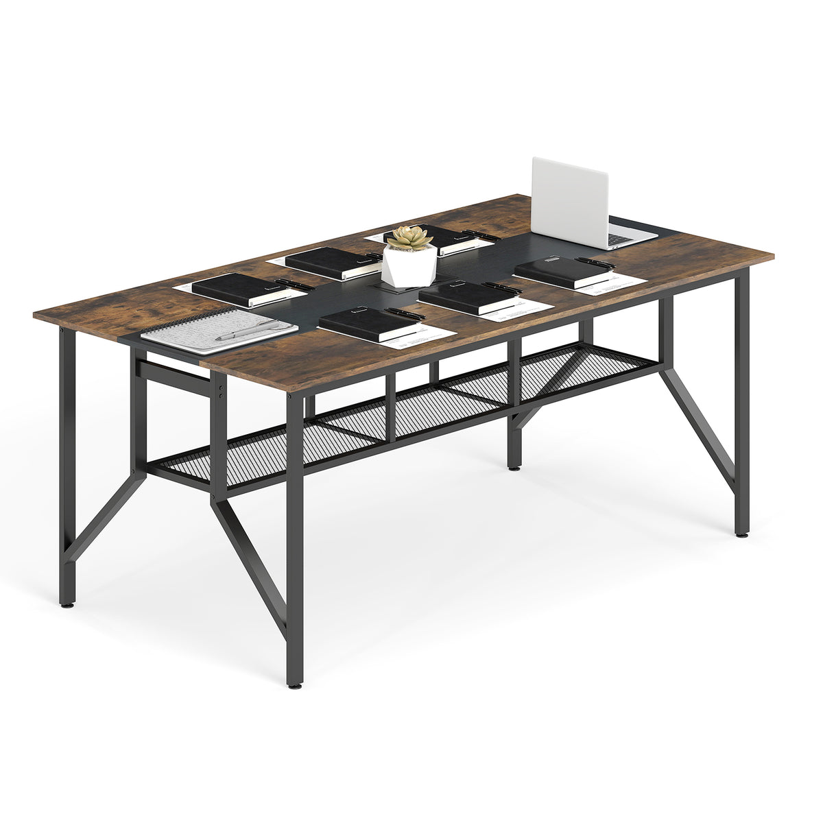 Rectangular Meeting Table 6ft with Mesh Storage Shelf - Rustic Brown