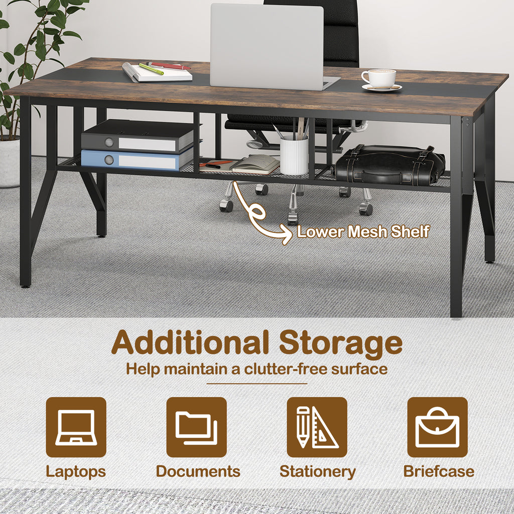 Rectangular Meeting Table 6ft with Mesh Storage Shelf - Rustic Brown