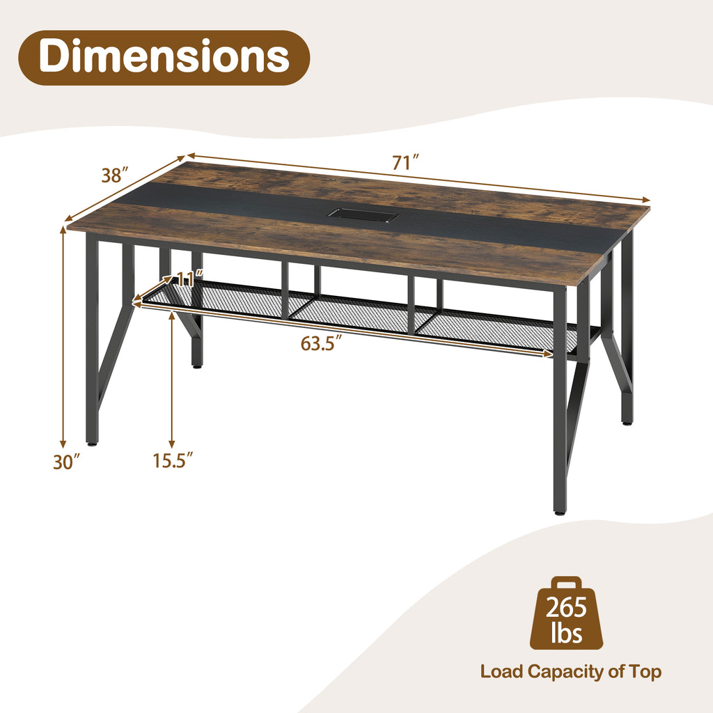 Rectangular Meeting Table 6ft with Storage Shelf - Rustic Brown