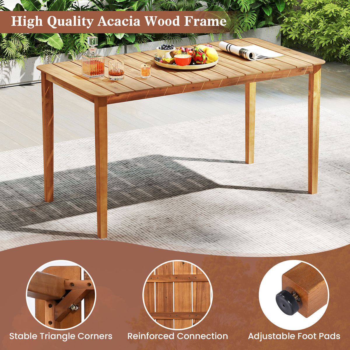 Rectangular Outdoor Dining Table Acacia Wood for 4-6 People