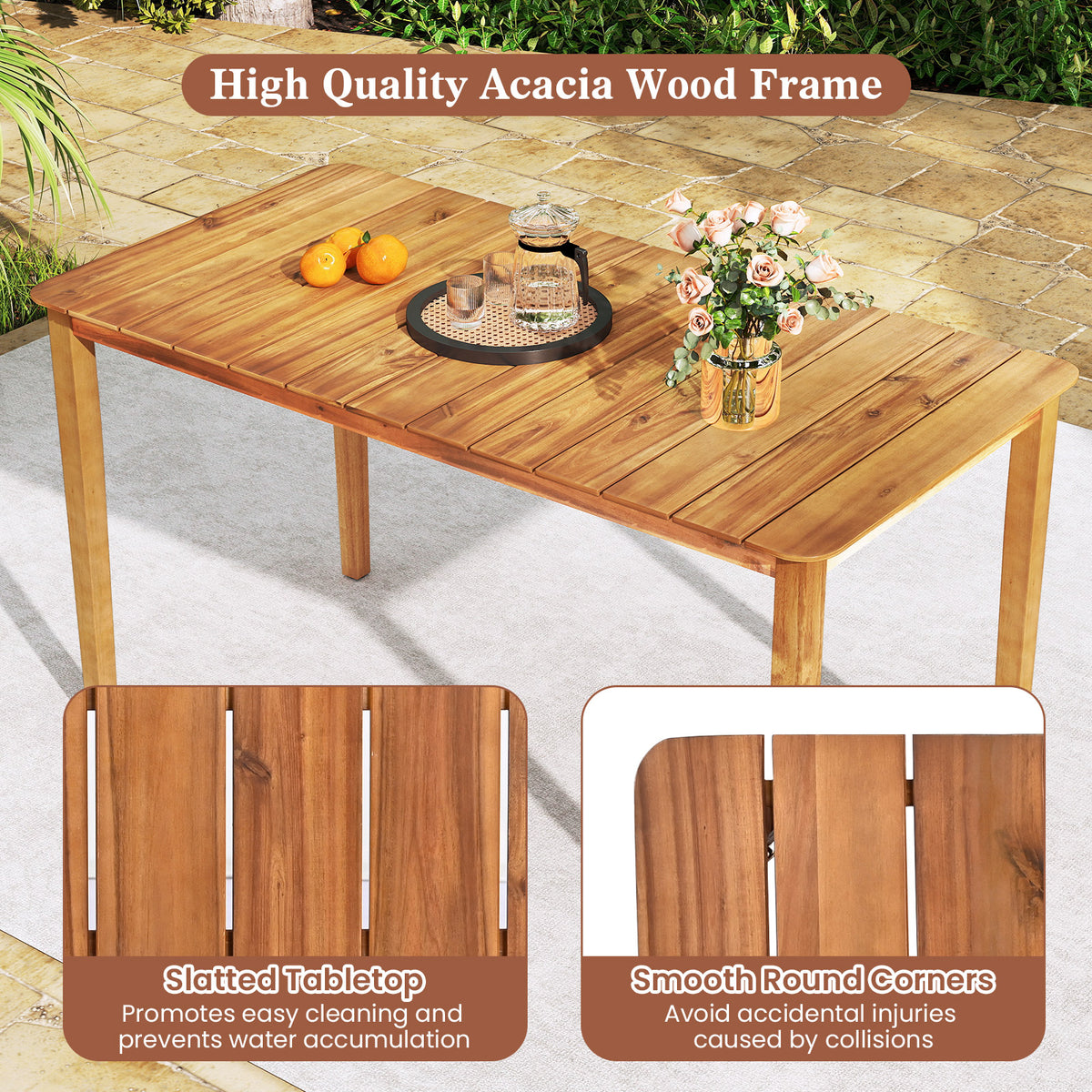 Rectangular Outdoor Dining Table Acacia Wood for 4-6 People