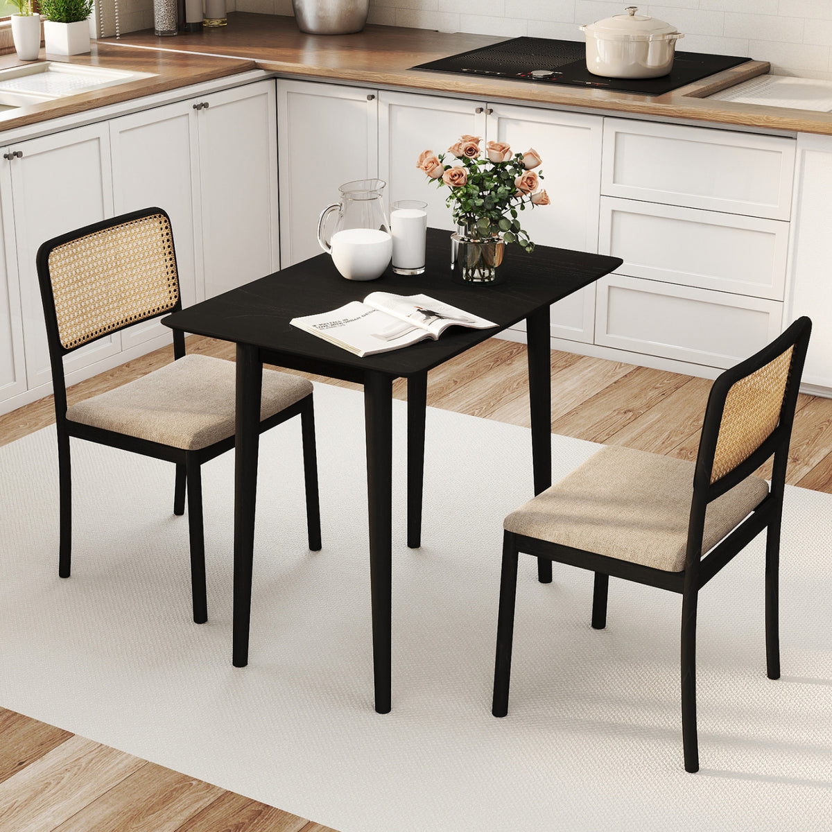 34 Inch Rectangular Dining Table - Black, Solid Wood Kitchen Table