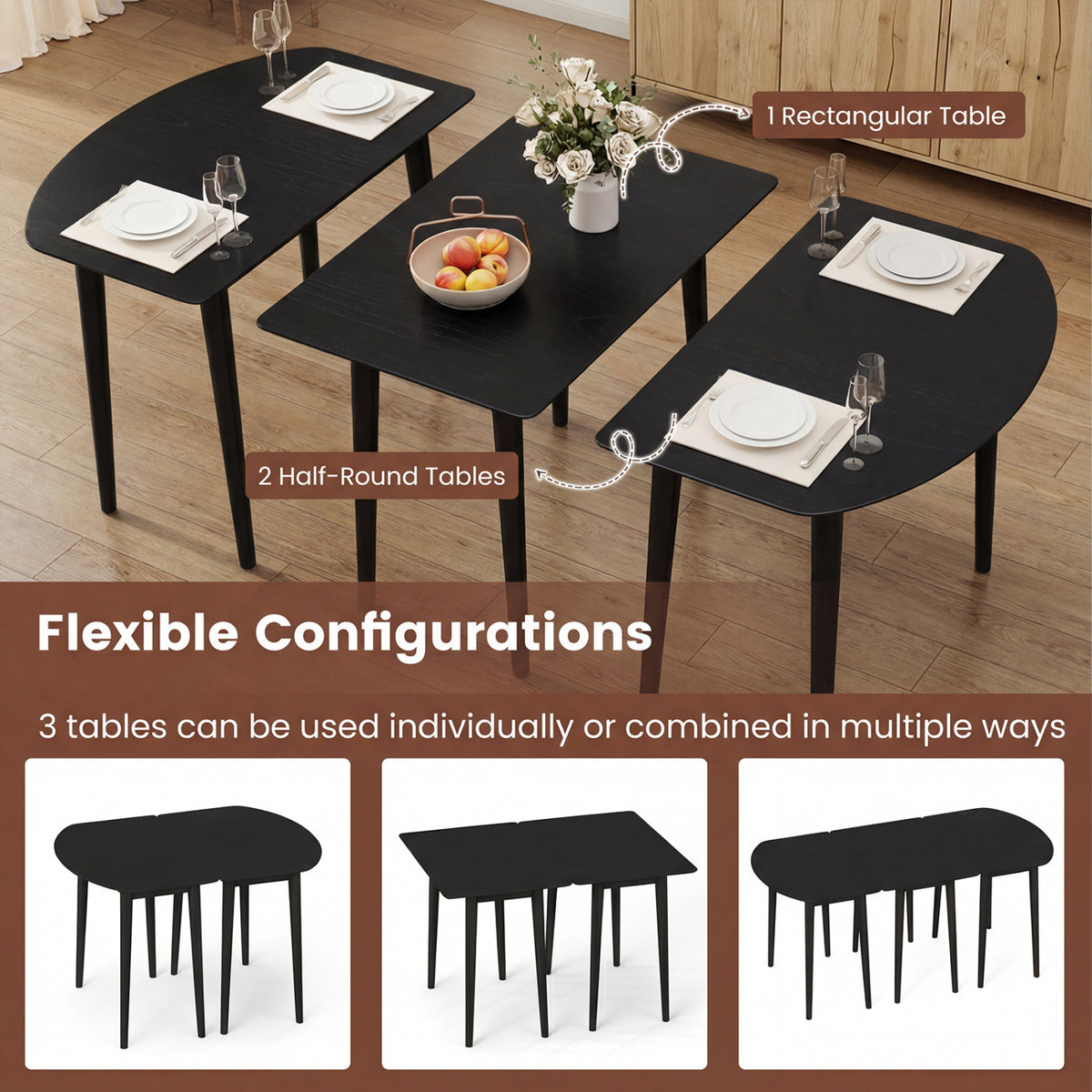 34 Inch Rectangular Dining Table - Black, Solid Wood Kitchen Table