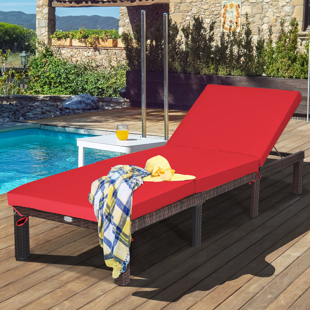PE Rattan Chaise Lounger with Adjustable Backrest - Red