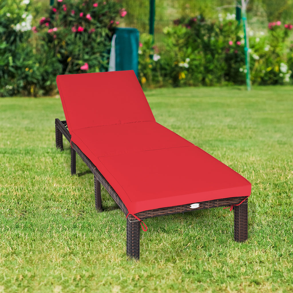 PE Rattan Chaise Lounger with Adjustable Backrest - Red