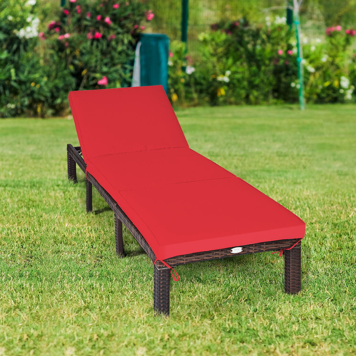 PE Rattan Chaise Lounger with Adjustable Backrest - Red