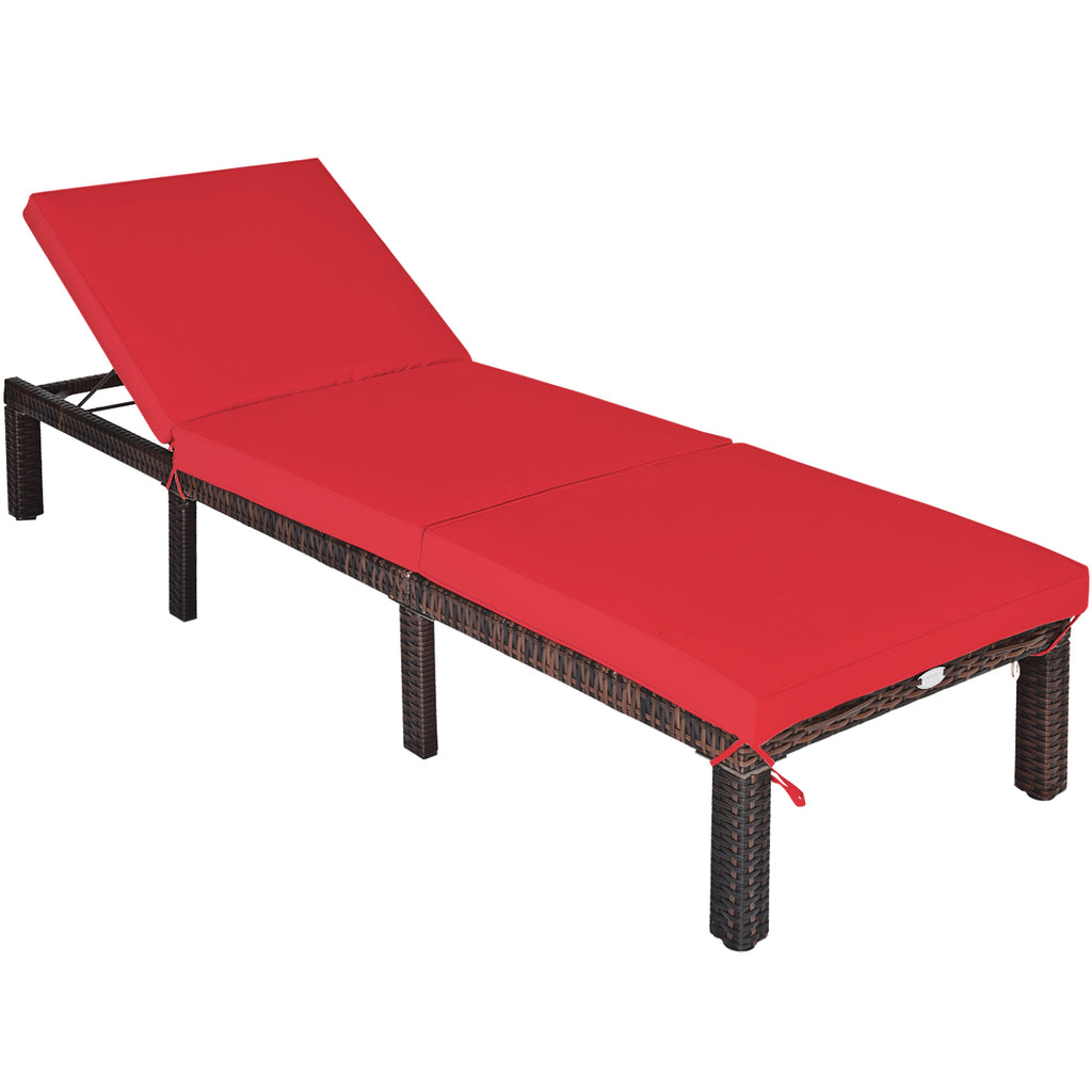 PE Rattan Chaise Lounger with Adjustable Backrest - Red