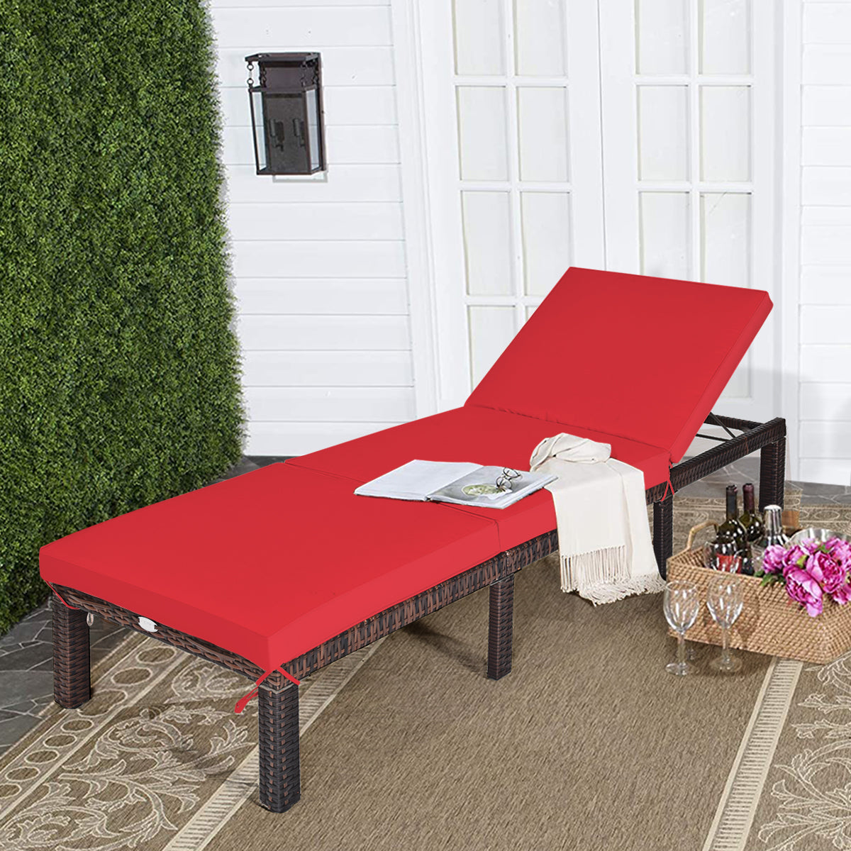 PE Rattan Chaise Lounger with Adjustable Backrest - Red