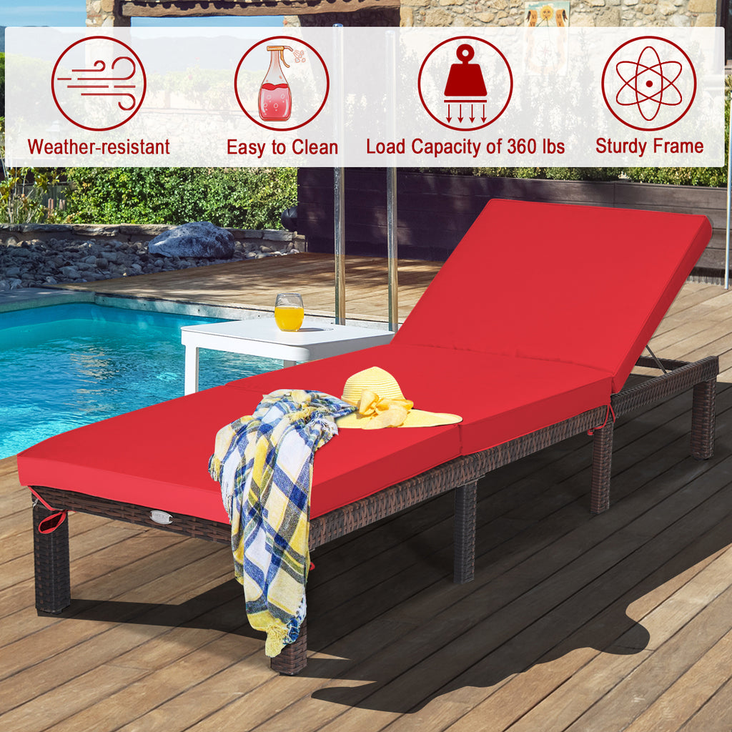 PE Rattan Chaise Lounger with Adjustable Backrest - Red