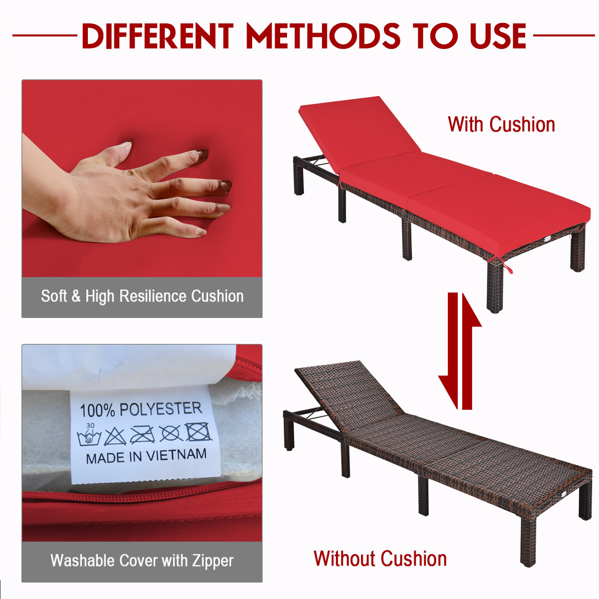 PE Rattan Chaise Lounger with Adjustable Backrest - Red