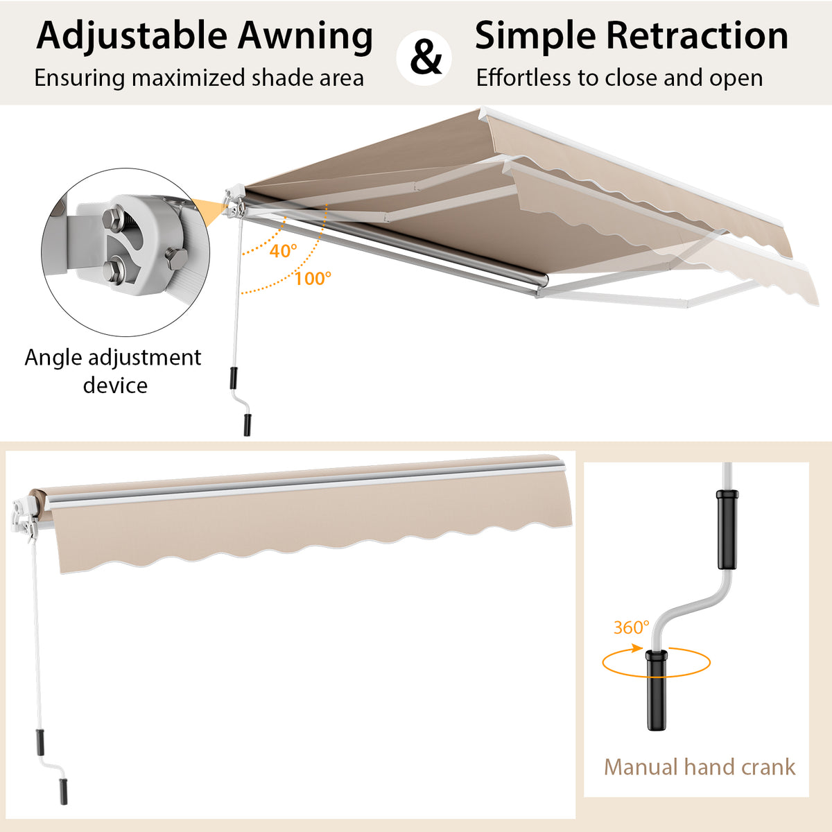 13 × 8 Feet Retractable Patio Awning - Beige