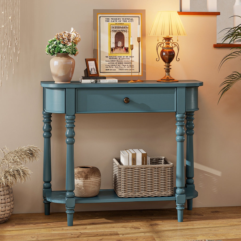 Wooden Console Table 36"L 2-Tier Narrow Entryway Foyer Table - Blue