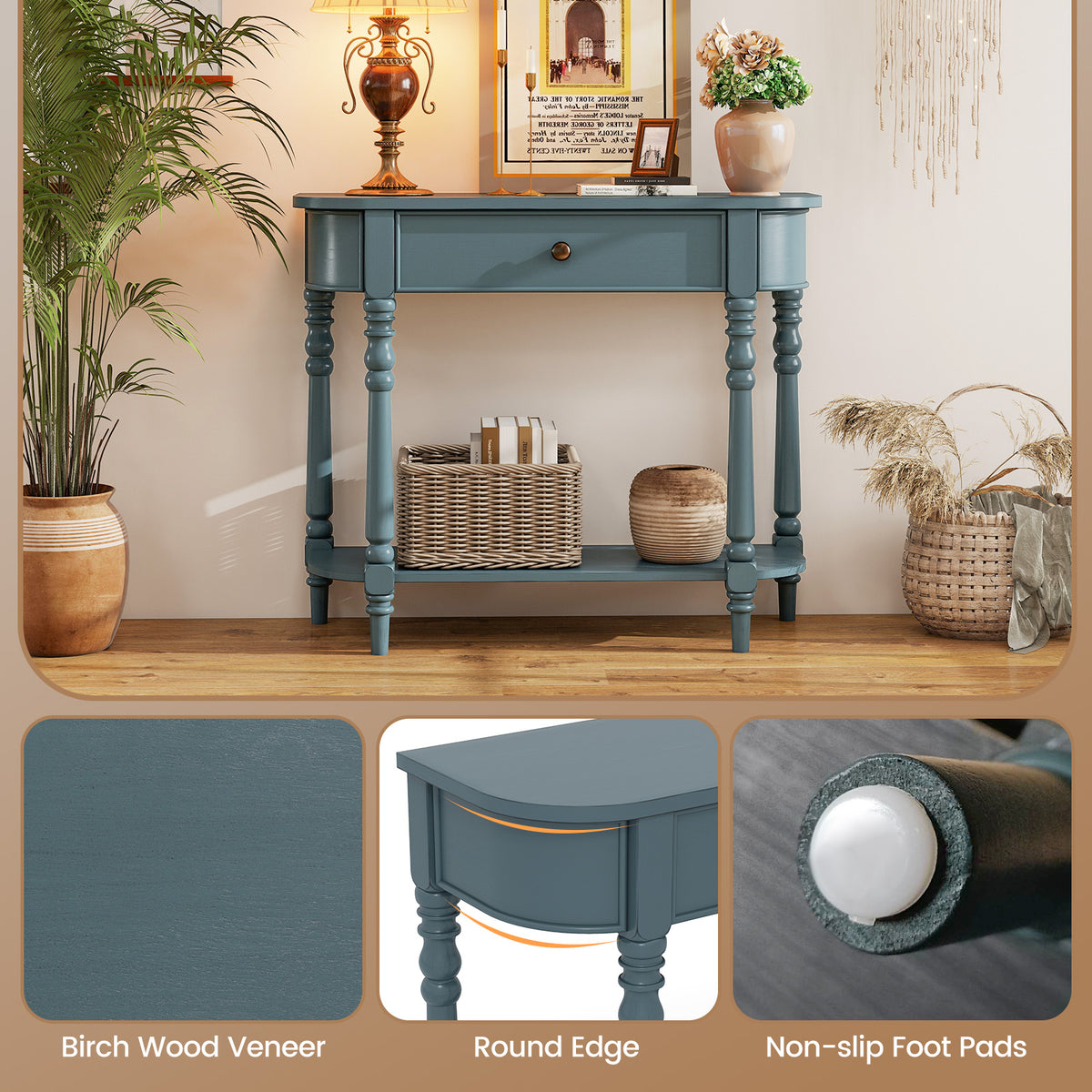 Wooden Console Table 36"L 2-Tier Narrow Entryway Foyer Table - Blue