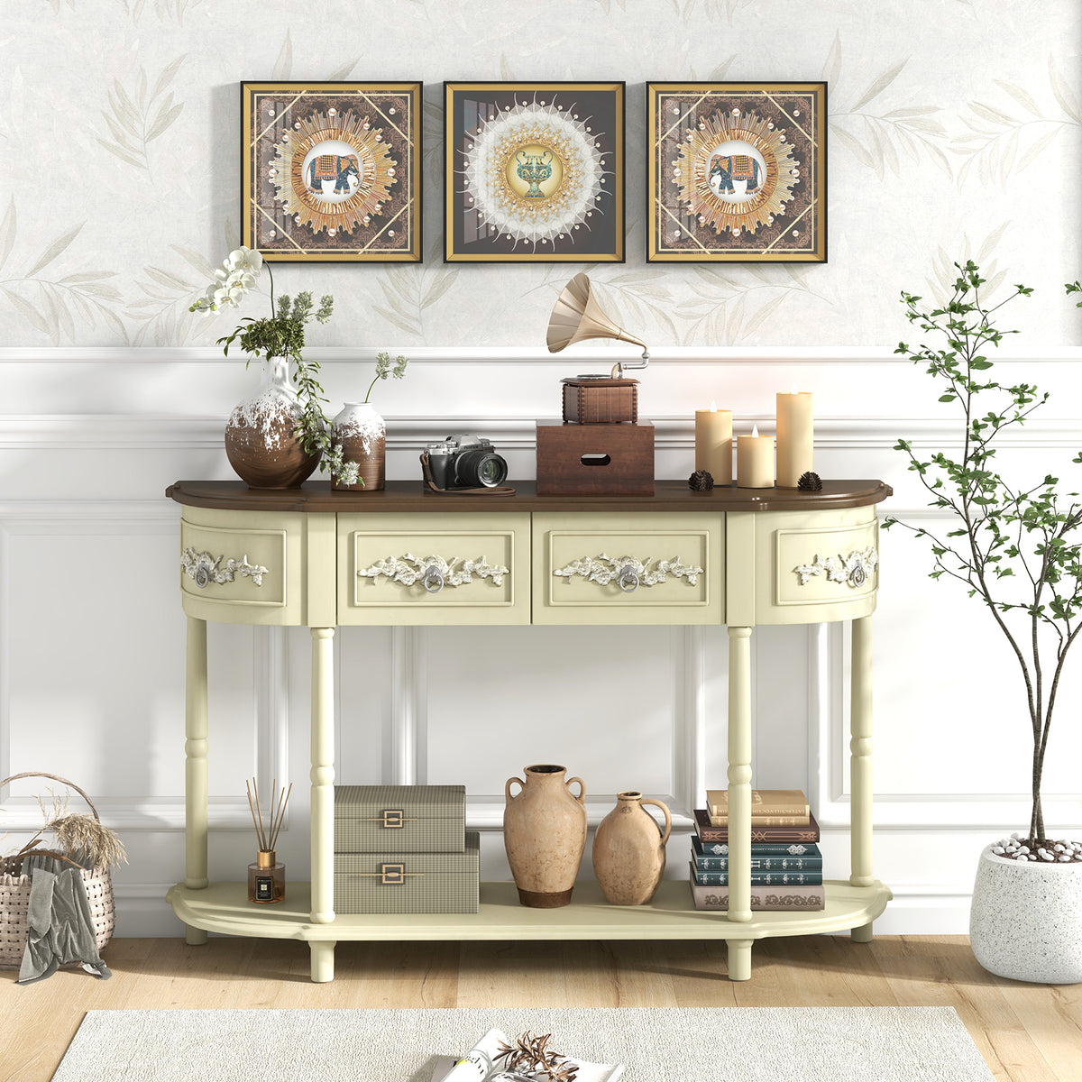 Retro Curved Console Table with Drawers, Beige