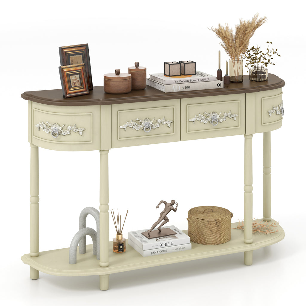 Retro Curved Console Table with Drawers, Beige