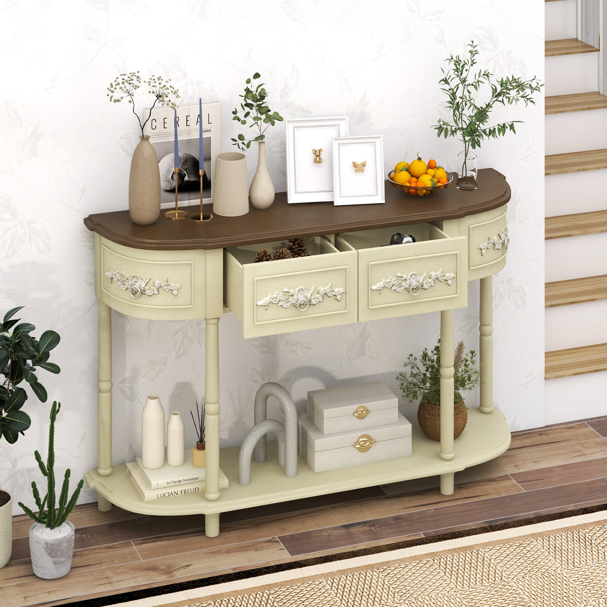 Retro Curved Console Table with Drawers, Beige