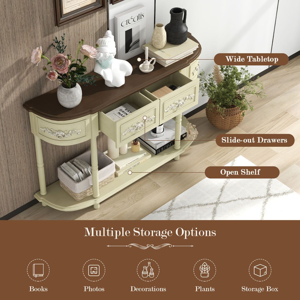 Retro Curved Console Table with Drawers, Beige