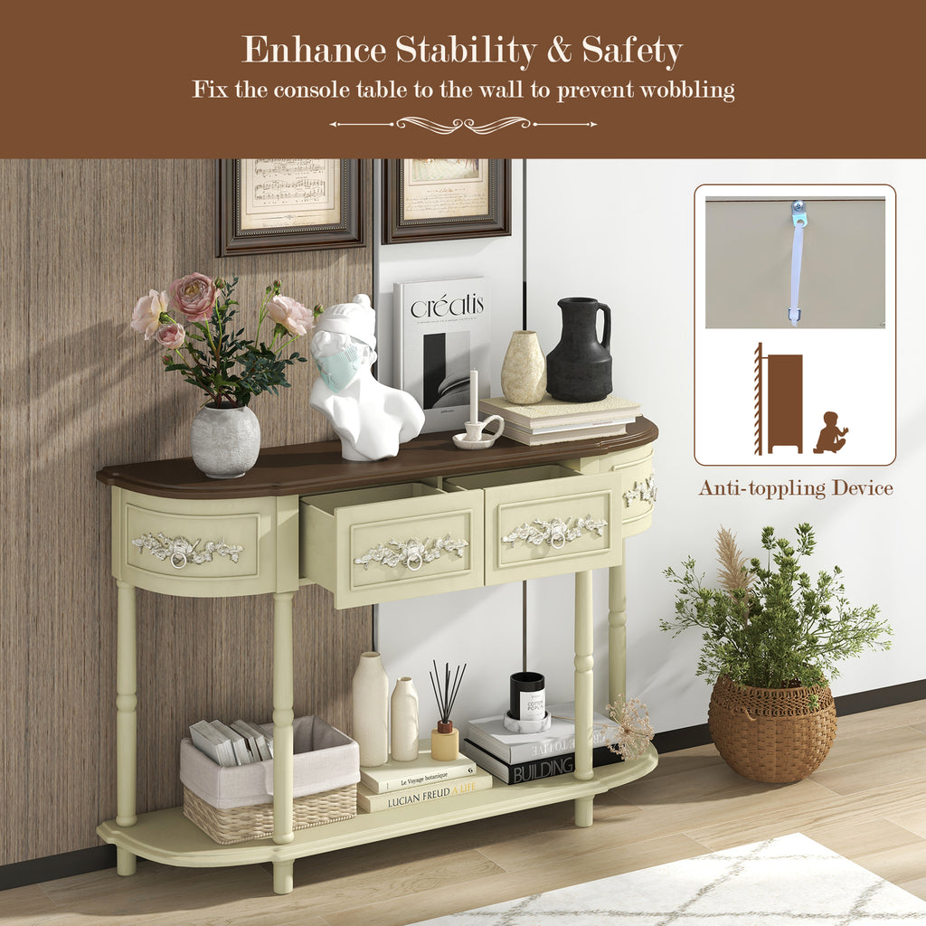 Retro Curved Console Table with Drawers, Beige