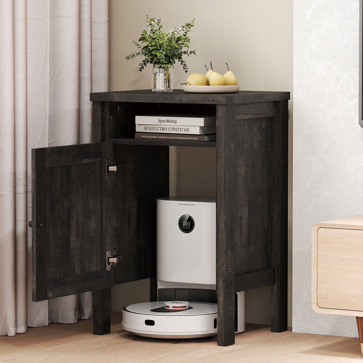 Robot Vacuum Storage Cabinet with Door & Open Shelf - Dark Gray