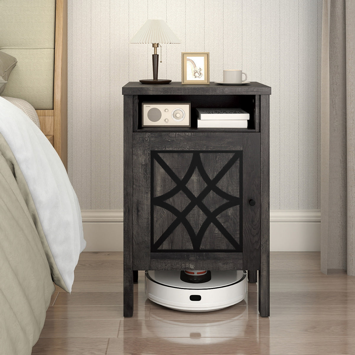 Robot Vacuum Storage Cabinet with Door & Open Shelf - Dark Gray