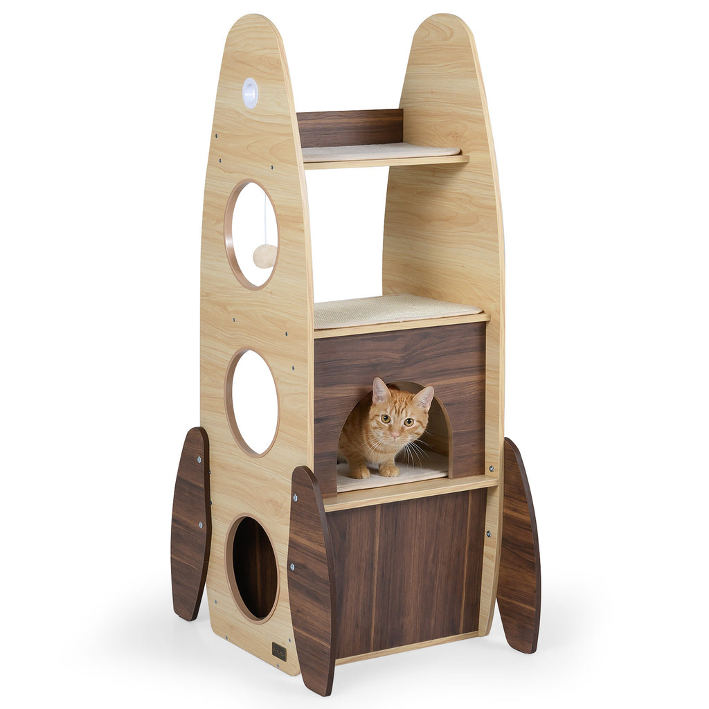 Rocket Cat Tree 47 Inch Large Wooden Cat Tower - Natural Variation
