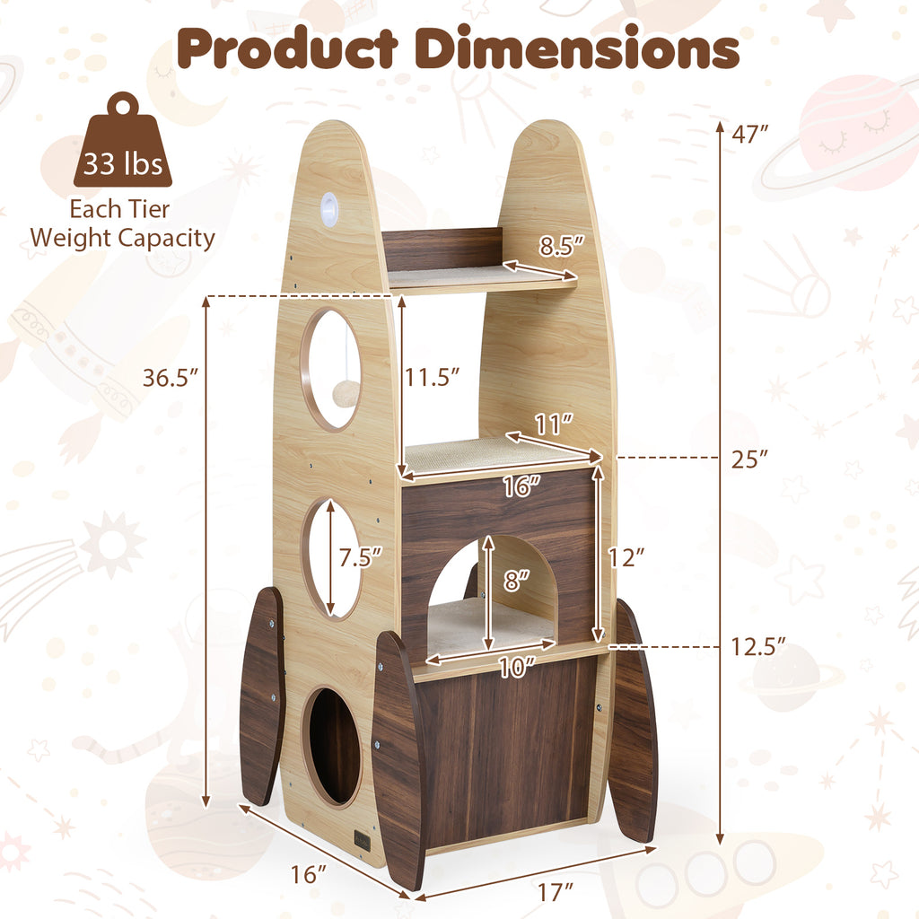 Rocket Cat Tree 47 Inch Large Wooden Cat Tower - Natural Variation