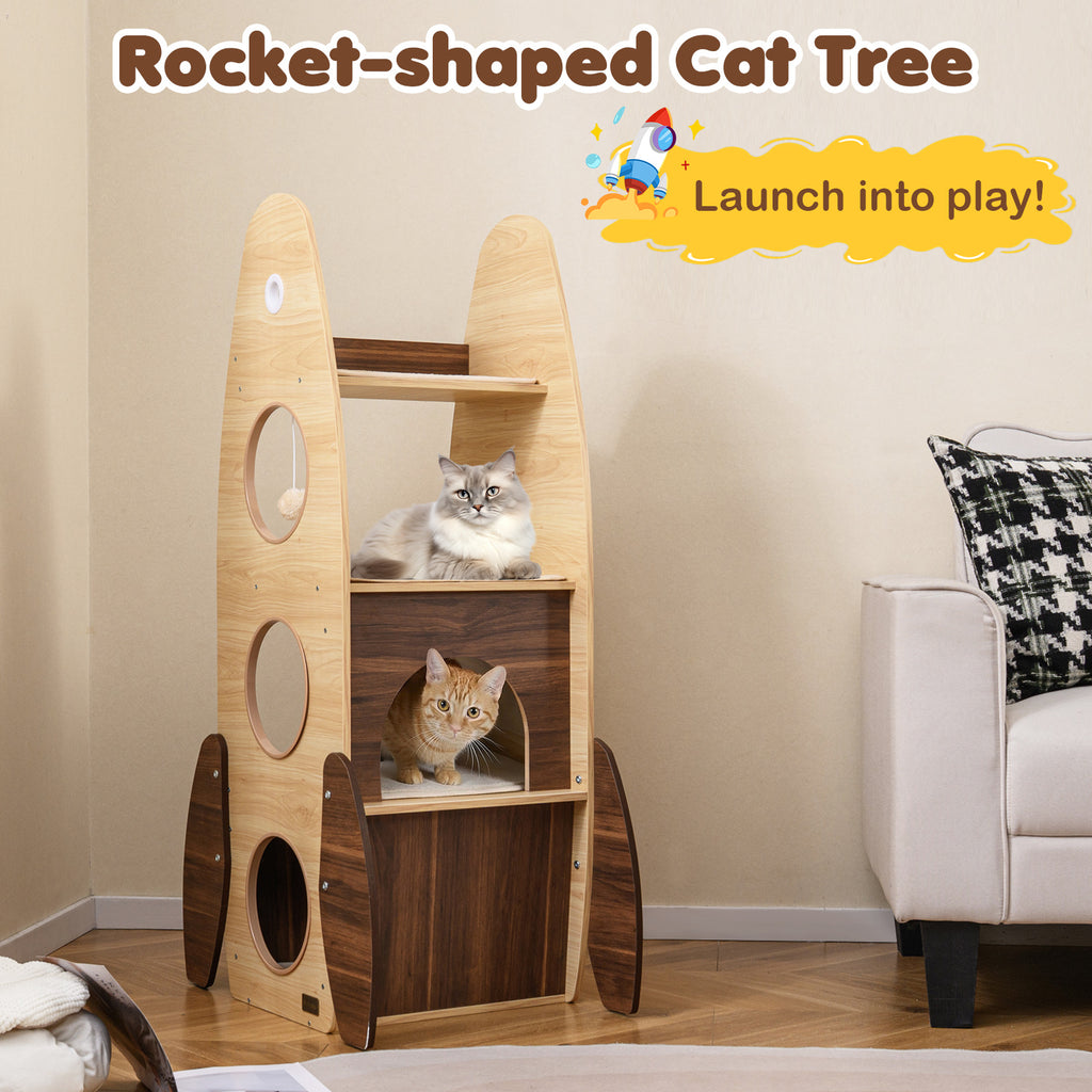 Rocket Cat Tree 47 Inch Large Wooden Cat Tower - Natural Variation