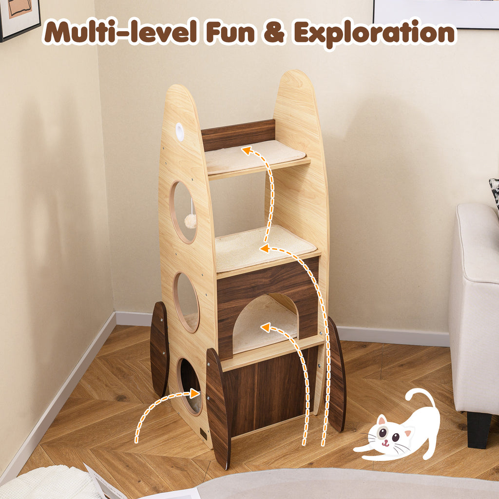 Rocket Cat Tree 47 Inch Large Wooden Cat Tower - Natural Variation