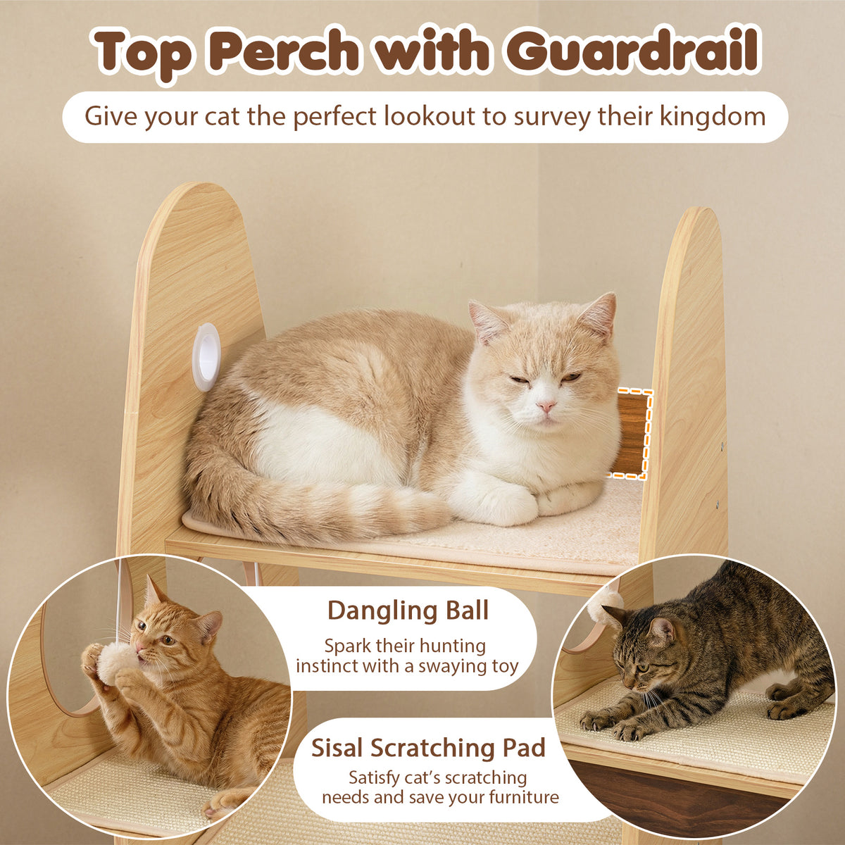 Rocket Cat Tree 47 Inch Large Wooden Cat Tower - Natural Variation