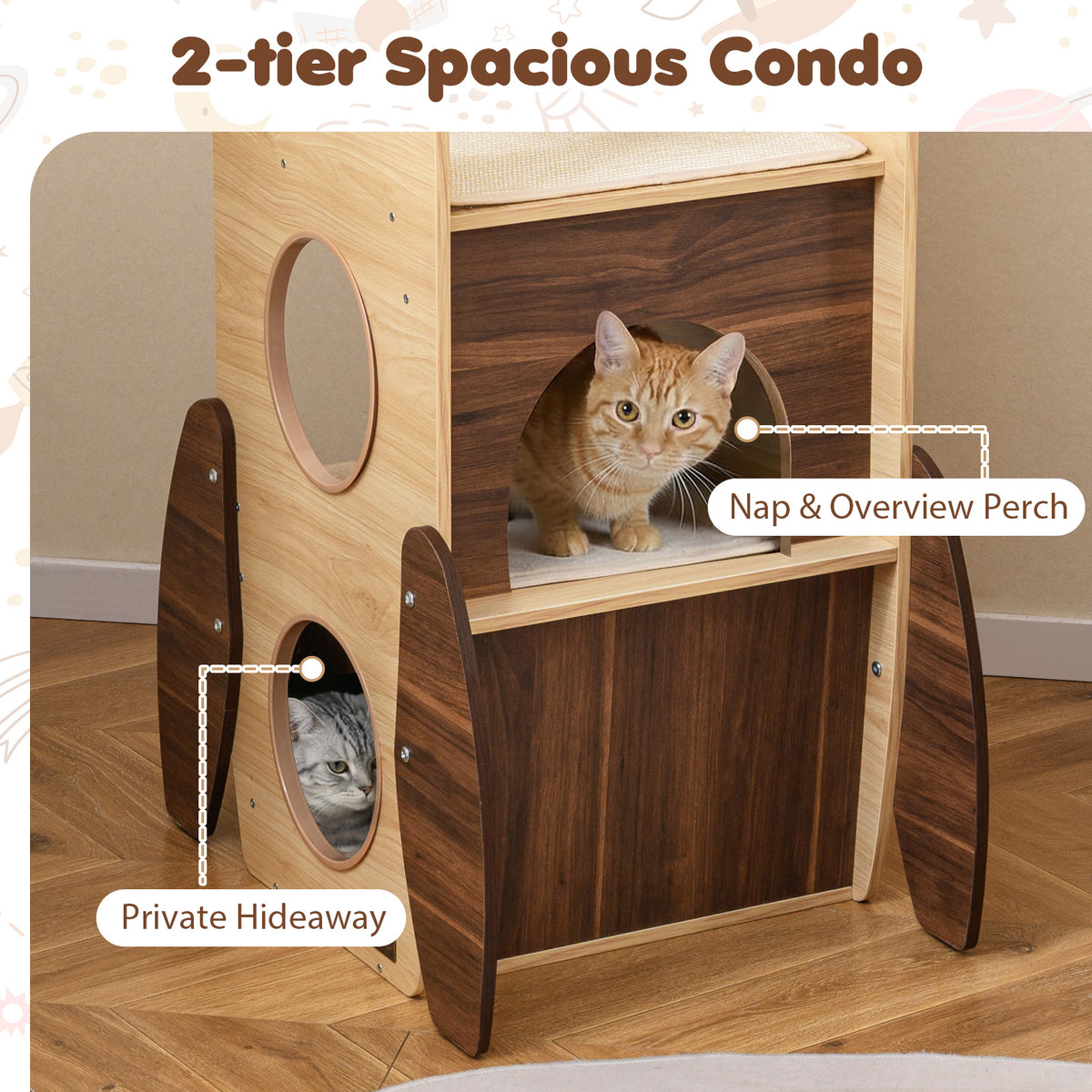 Rocket Cat Tree 47 Inch Large Wooden Cat Tower - Natural Variation
