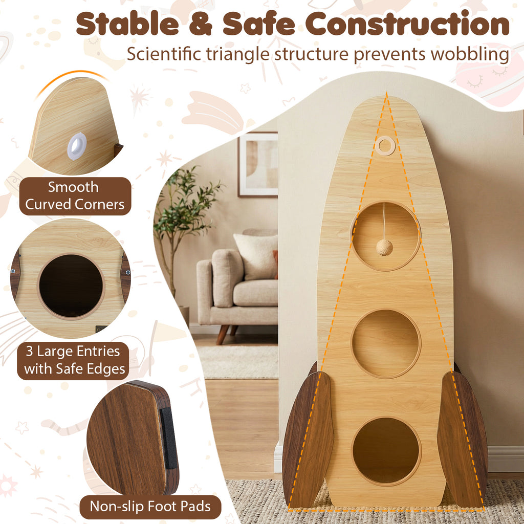 Rocket Cat Tree 47 Inch Large Wooden Cat Tower - Natural Variation