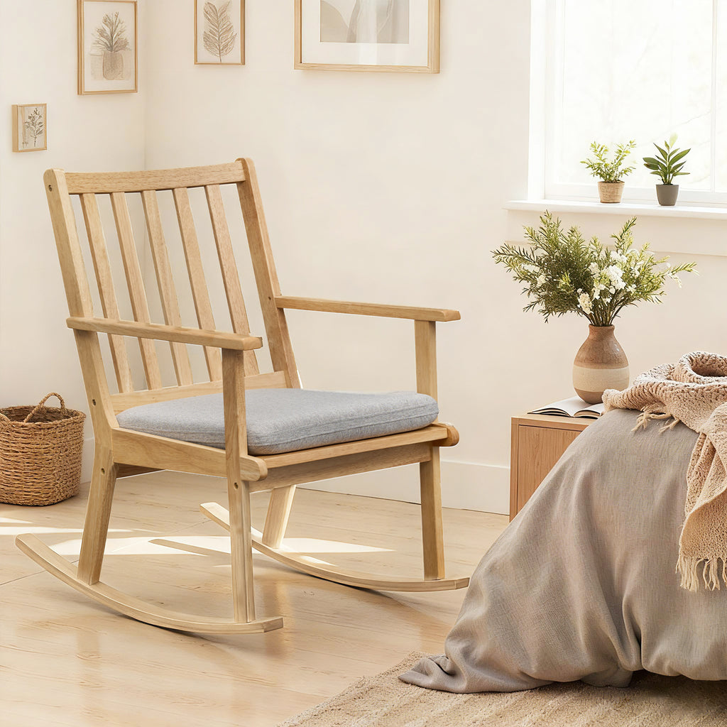 Rocking Chair with Cushion, Solid Rubber Wood – Natural