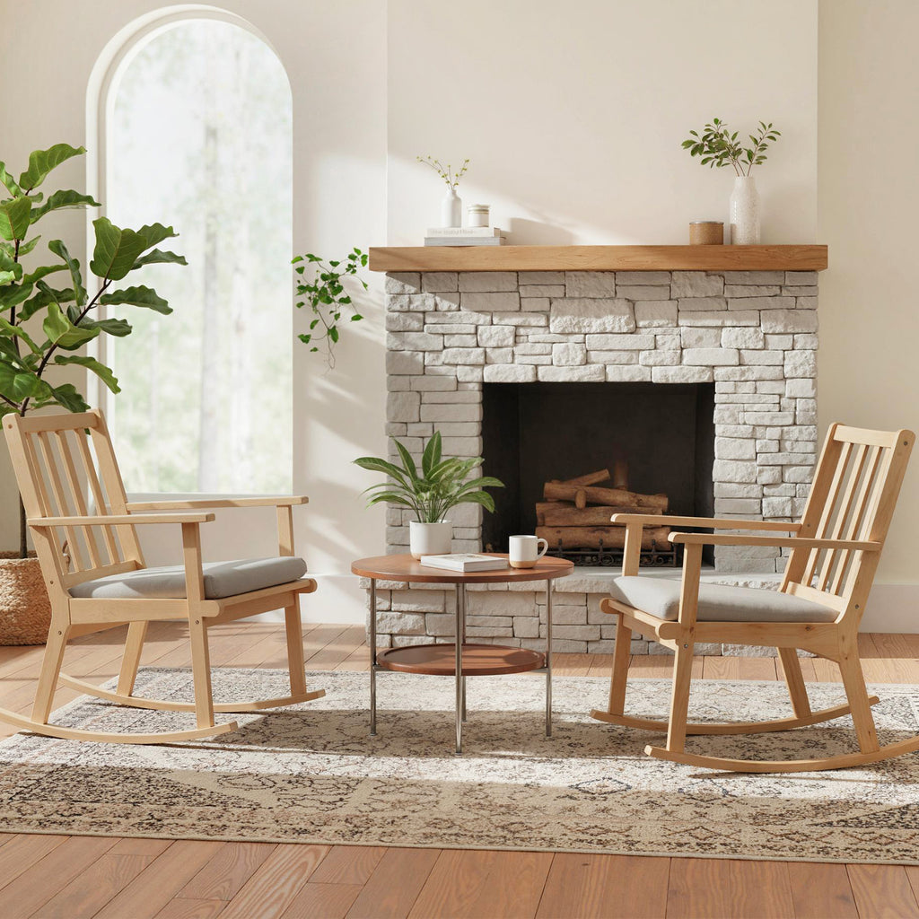 Rocking Chair with Cushion, Solid Rubber Wood – Natural