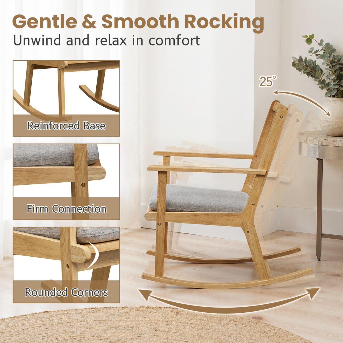 Rocking Chair with Cushion, Solid Rubber Wood – Natural