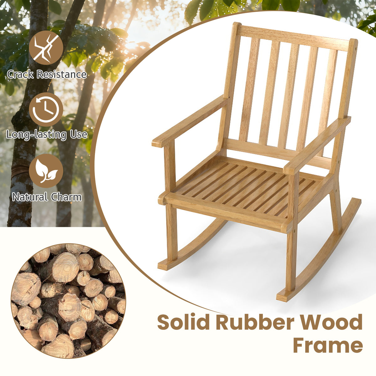 Rocking Chair with Cushion, Solid Rubber Wood – Natural