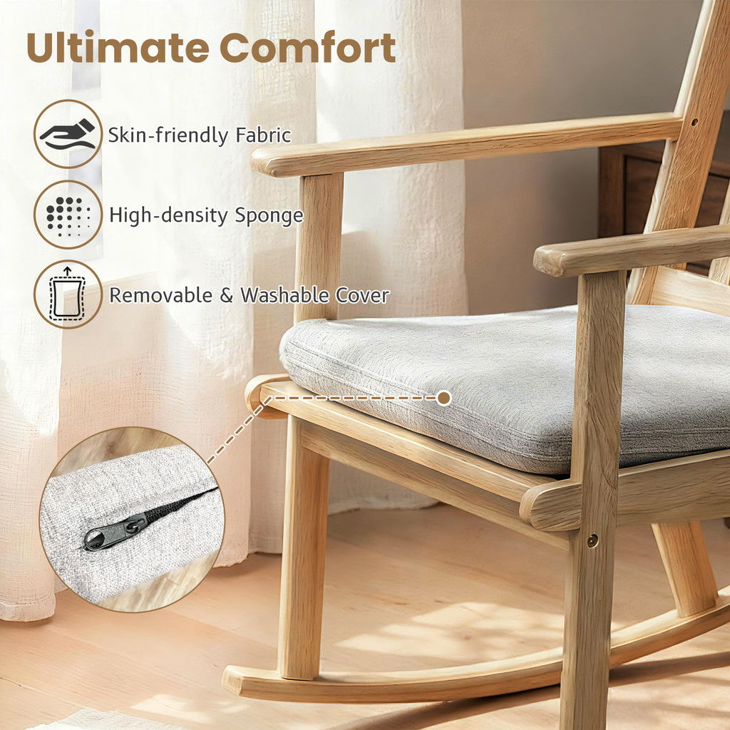 Rocking Chair with Cushion, Solid Rubber Wood – Natural