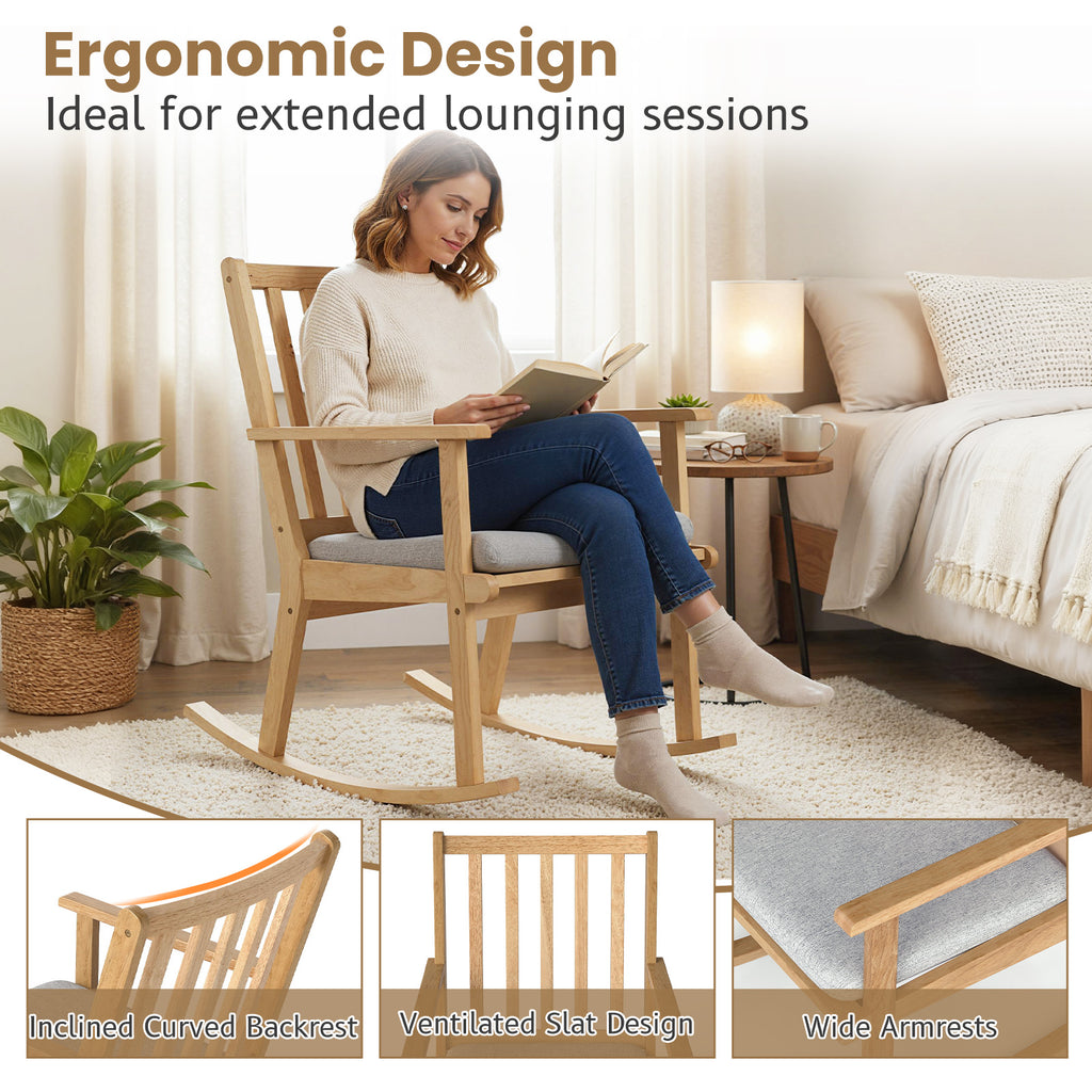 Rocking Chair with Cushion, Solid Rubber Wood – Natural