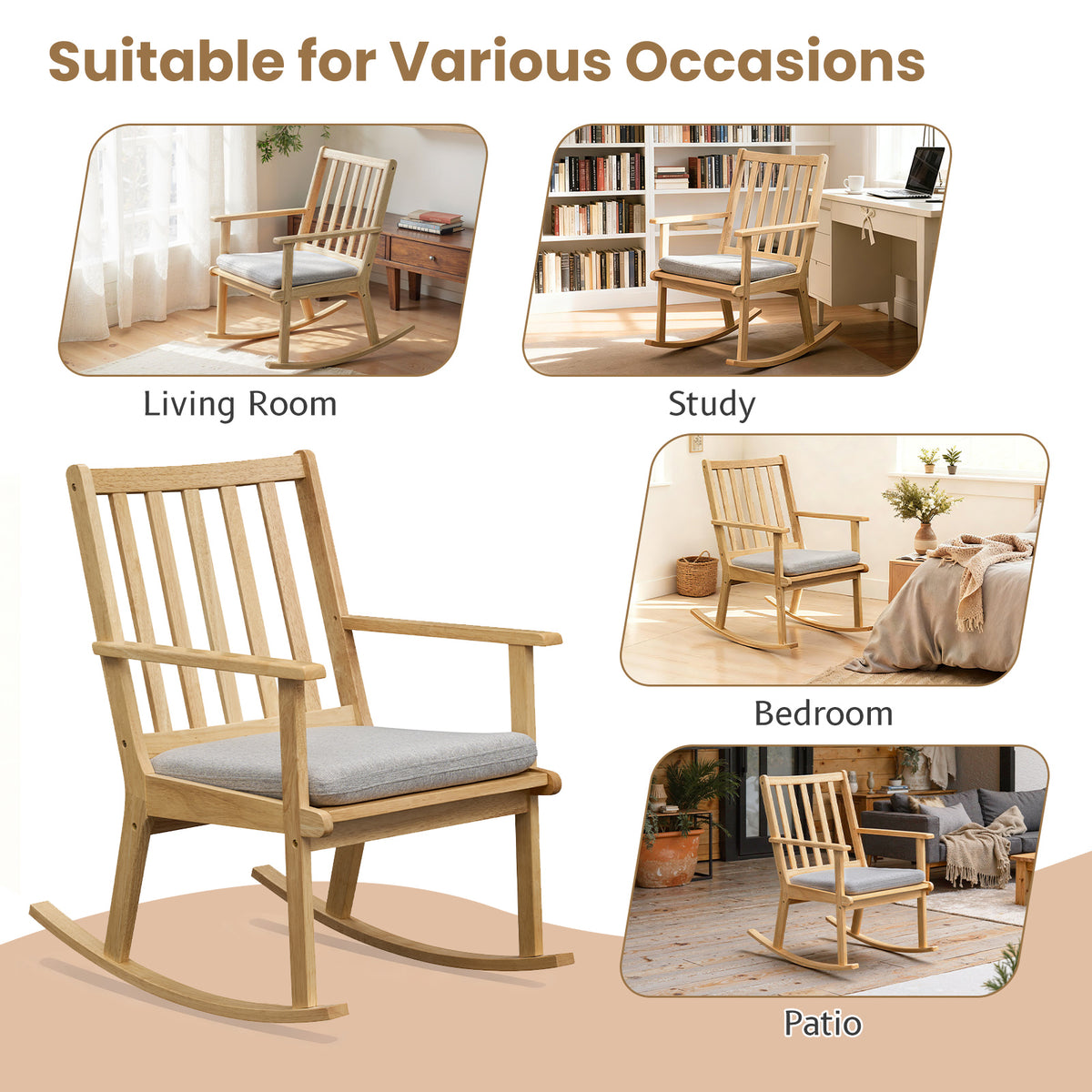 Rocking Chair with Cushion, Solid Rubber Wood – Natural