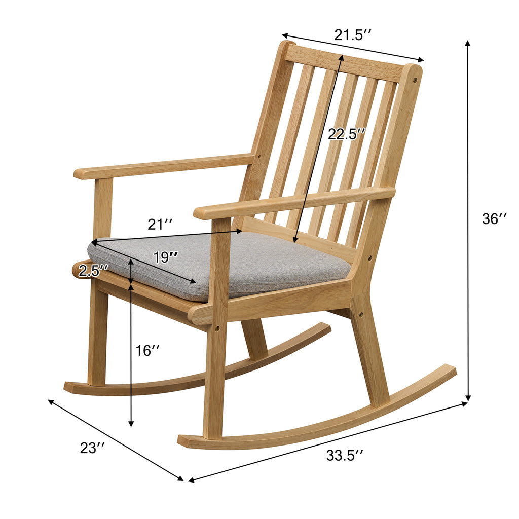 Rocking Chair with Cushion, Solid Rubber Wood – Natural