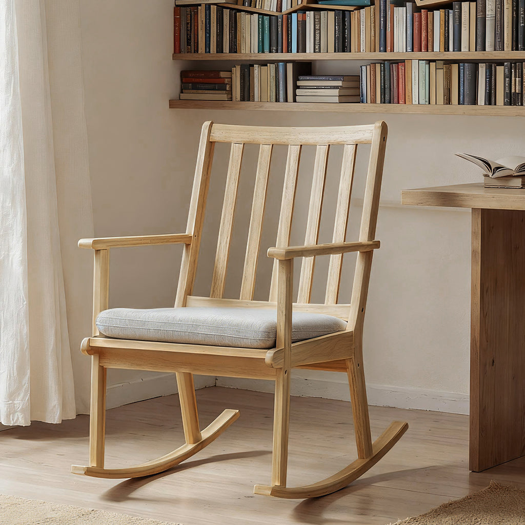 Rocking Chair with Cushion, Solid Rubber Wood – Natural