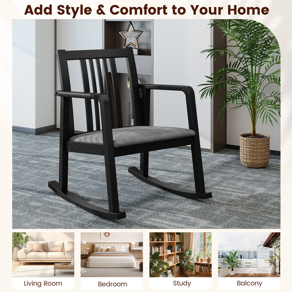 Rocking Chair with Slatted Back and Curved Armrests