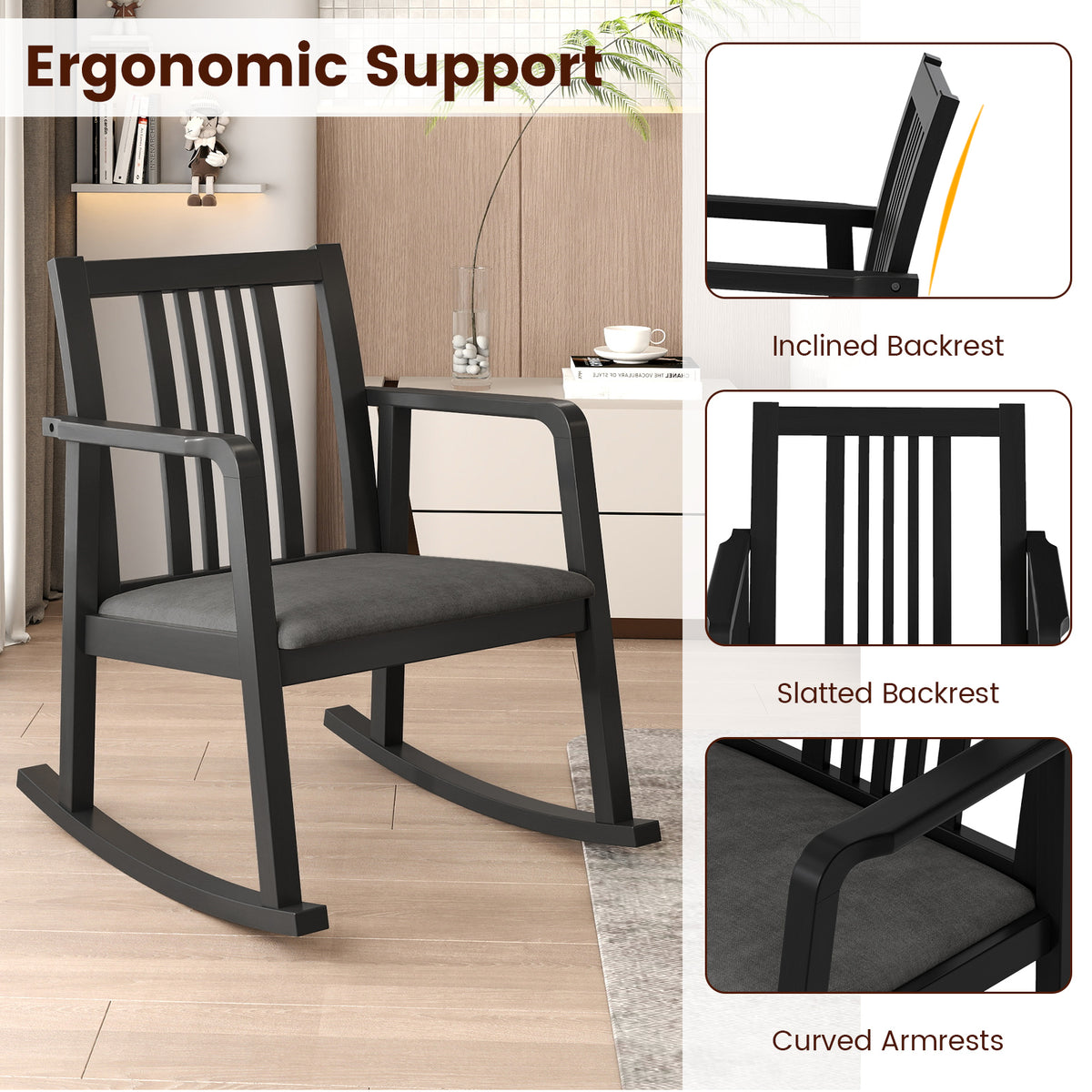 Rocking Chair with Slatted Back and Curved Armrests