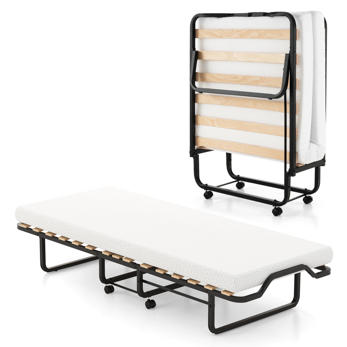 Twin Size Metal Folding Bed with Memory Foam Mattress – Hook and Loop Fasteners