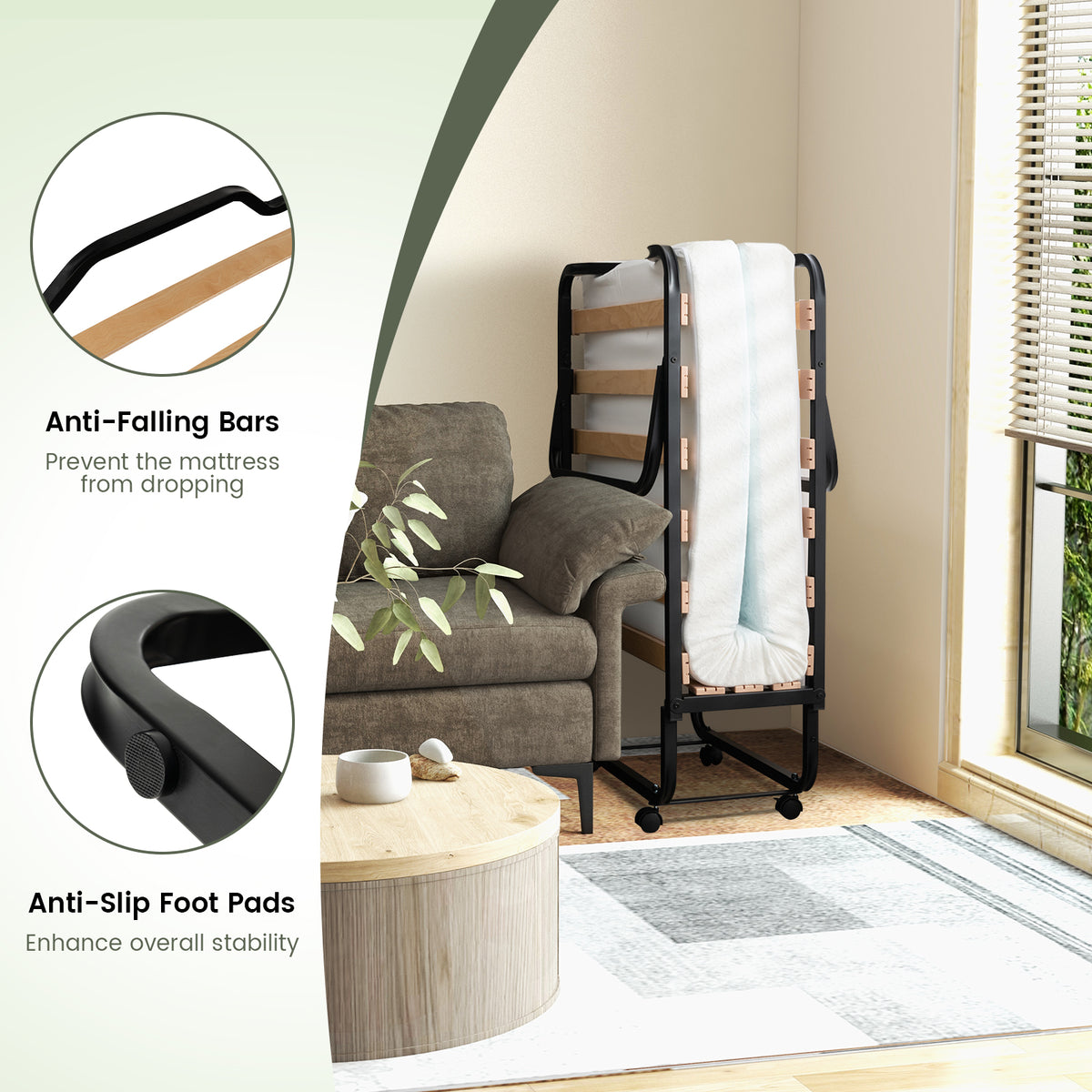 Rollaway Folding Bed with Memory Foam Mattress - Lockable Buckles