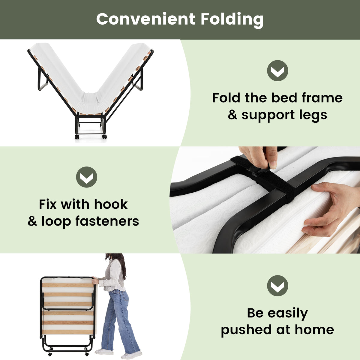 Rollaway Folding Bed with Memory Foam Mattress - Lockable Buckles