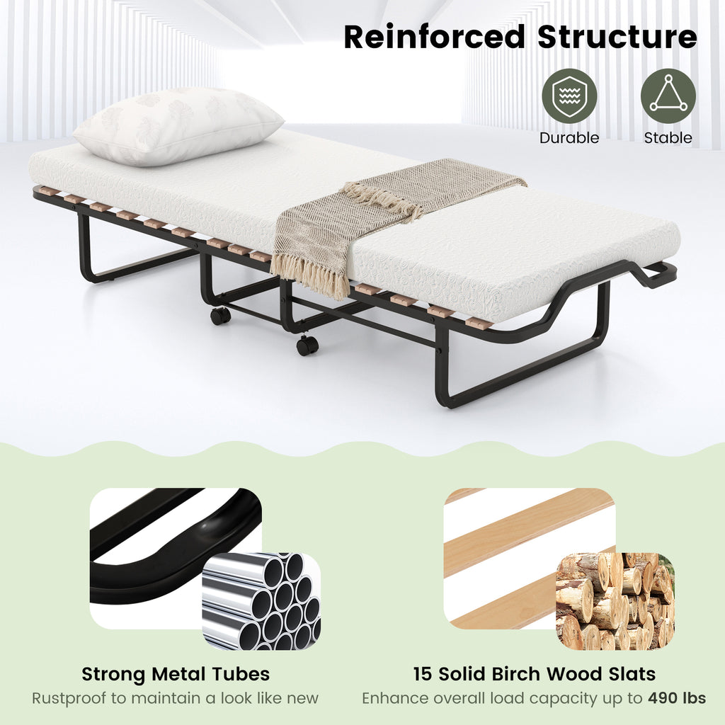 Rollaway Folding Bed with Memory Foam Mattress - Lockable Buckles